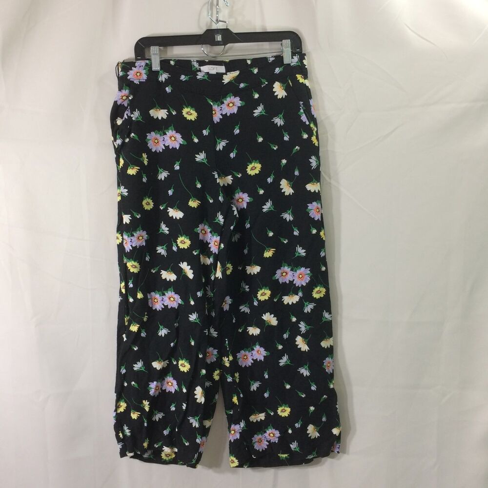 LOFT Wide Leg Pants Black Floral Linen Blend Pull On Summer Crop Elastic Waist M